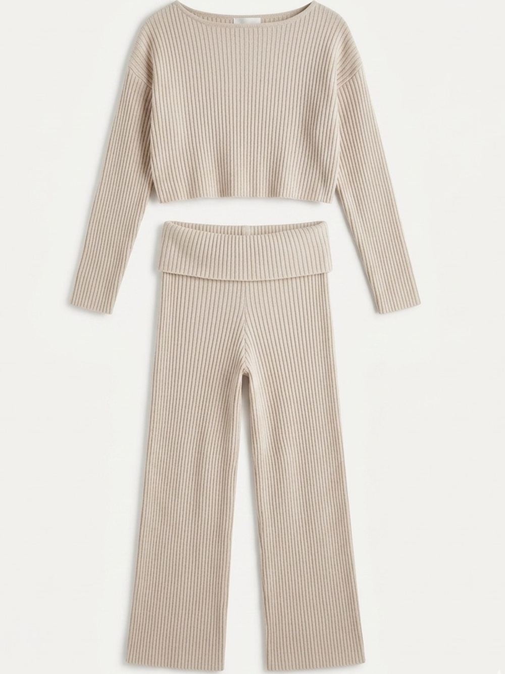 Pink Rose Ribbed Knit Sweater in Light Beige